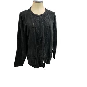 Size XL Jenny Womens Chenille Cardigan Sweater Black Embroidered Beaded